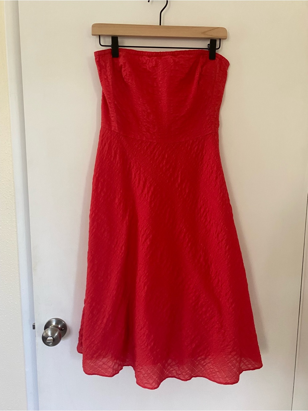 J. Crew Bright Coral Pink Strapless Dress 100% Cotton A-Line Textured Size 6
